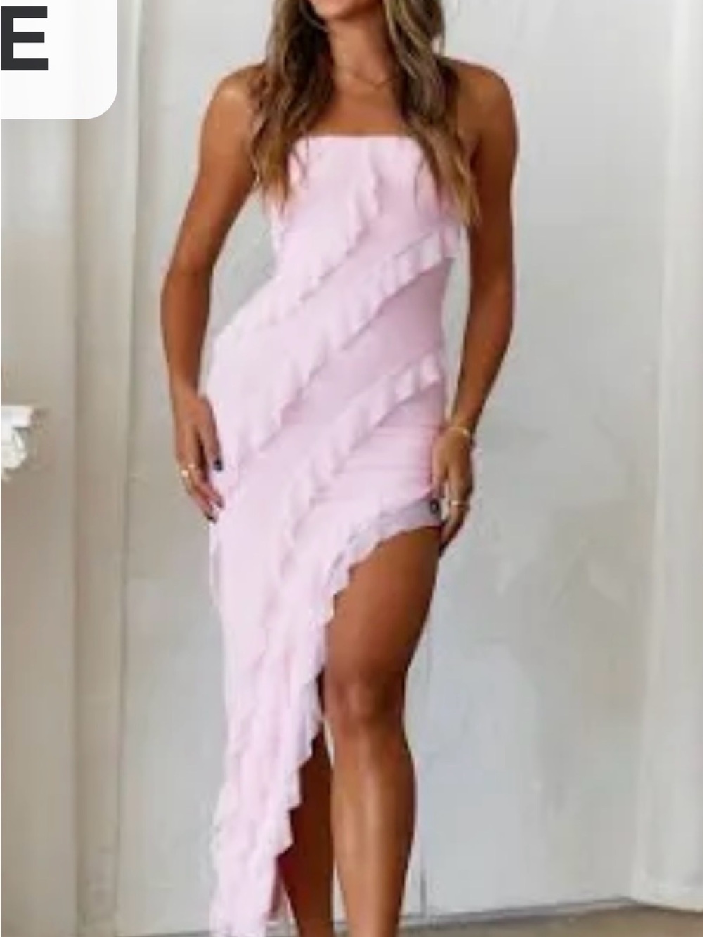 Pink ruffle midi dress with slit